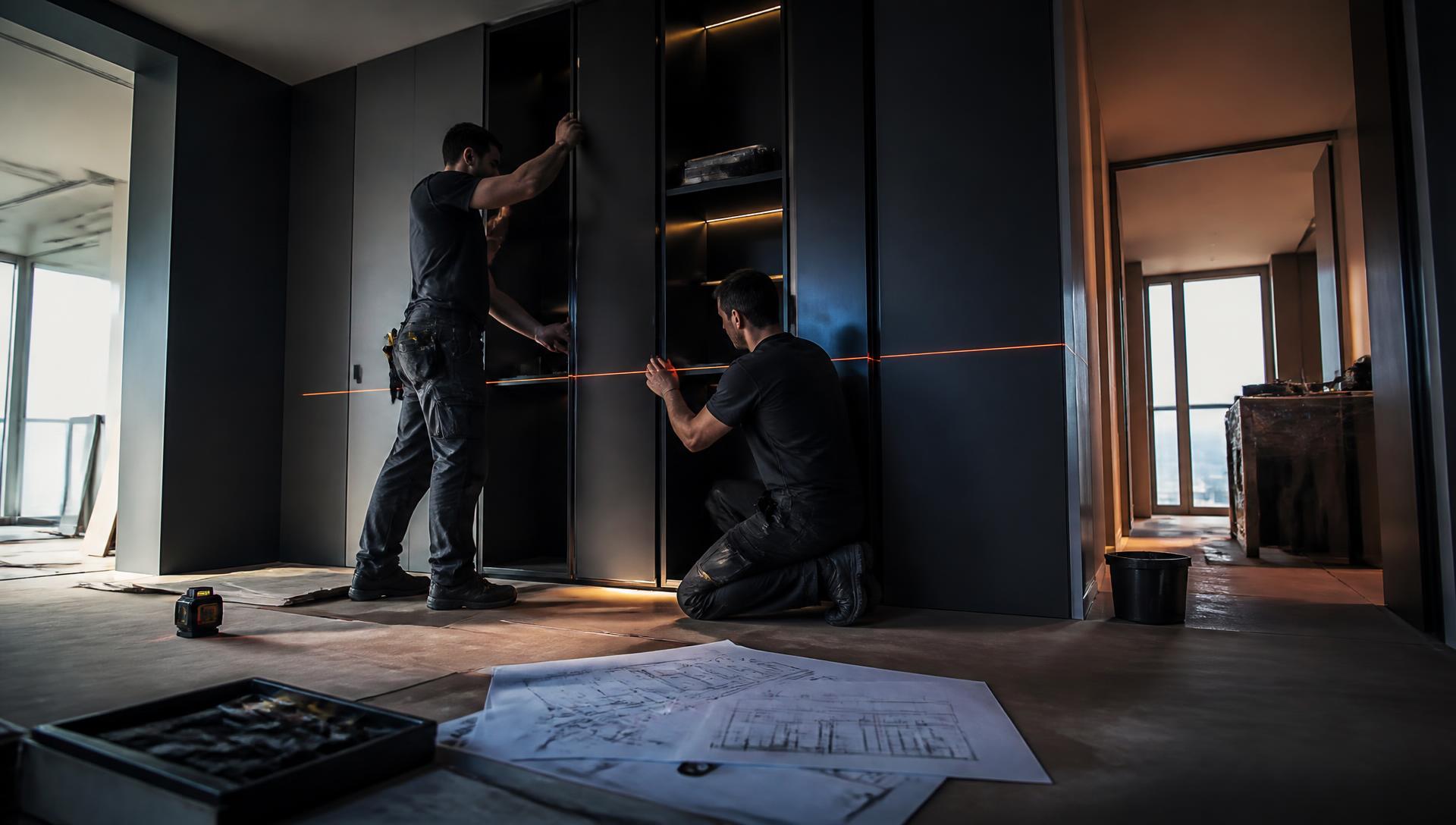 VIZANTO installers fitting a tall bespoke cabinet on site